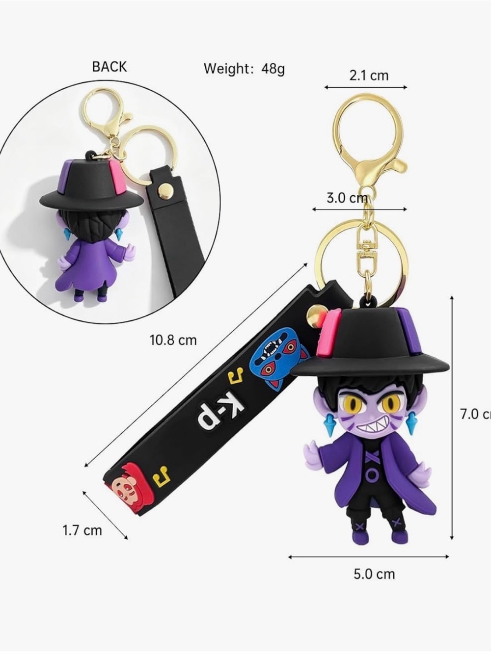 Kids Purple Cartoon Character Keychain with Black Strap and Gold Hardware